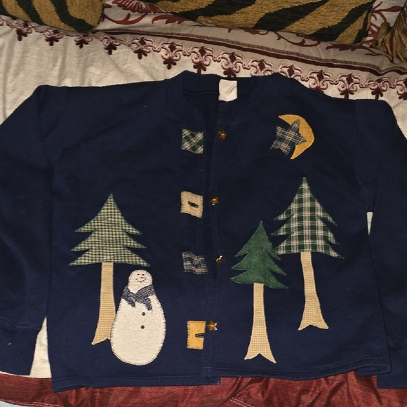 Hanes Blue Sweater with Snowman and Tree Design - Picture 1 of 3